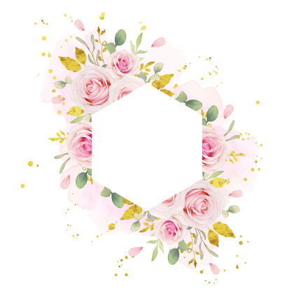 花卉美丽的花卉框架与水彩粉红玫瑰和黄金饰品优雅手绘水彩