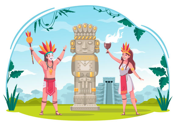 文化玛雅文明卡通概念与古代文化符号插画概念玛雅卡通