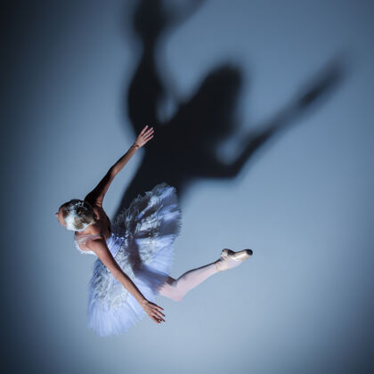 服装芭蕾舞演员在蓝色背景下扮演白天鹅的顶视图人物优雅艺术家