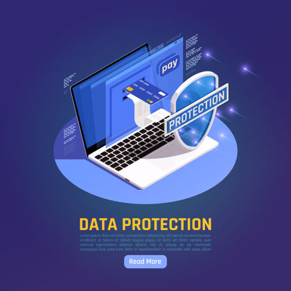 等轴测隐私数据保护gdpr等角图与阅读更多按钮和笔记本电脑与盾牌Gdpr保护盾牌