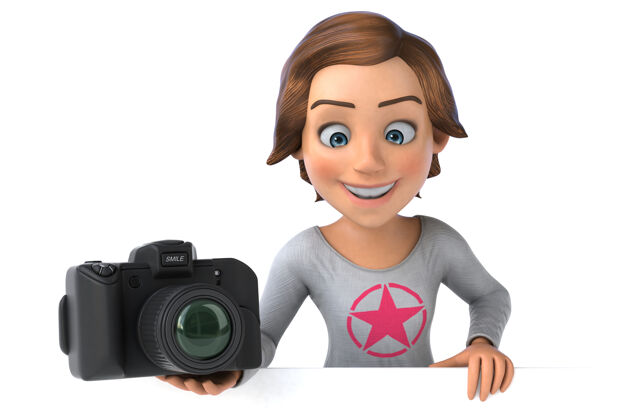 快乐有趣的卡通少女三维插图相机孩子女人