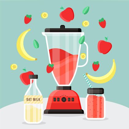 健康饮料平面果汁在搅拌机玻璃插图美味水果冰沙健康
