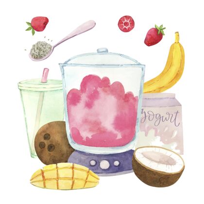 美味手绘水彩画果汁在搅拌机玻璃插图水果搅拌机玻璃搅拌机