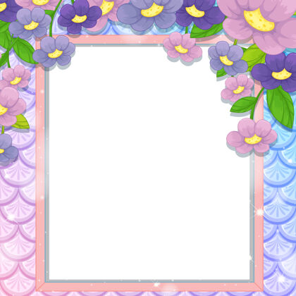 童话彩虹鱼鳞上有许多花的空白横幅框架魔术环境卡通