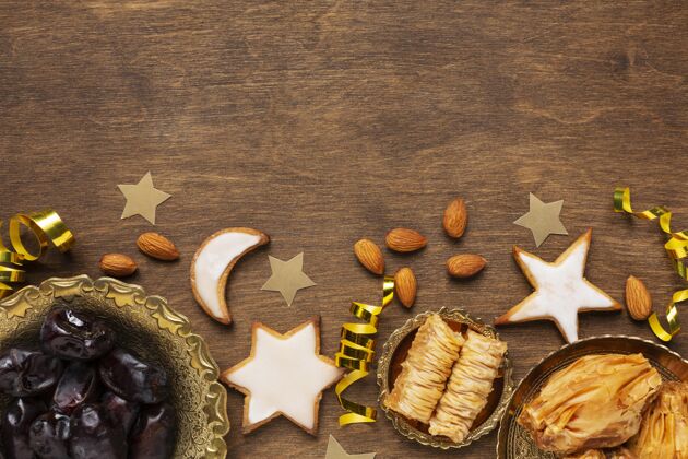 伊斯兰新年传统食物和星形饼干的伊斯兰新年装饰伊斯兰阿拉伯语阿拉伯语新年