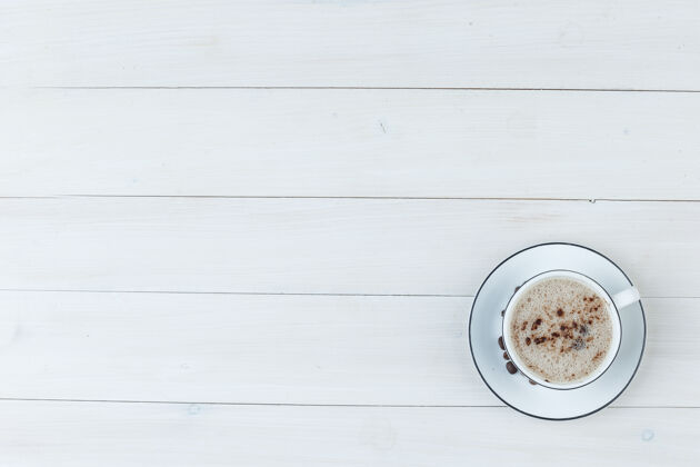 厨房顶视图牛奶咖啡杯在木制背景水平咖啡香味食物