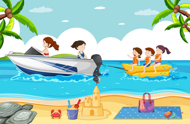 人海滩插图与人们玩香蕉船水果活动户外