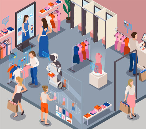 供应商现代时尚商店零售与服务机器人提供个人客户援助等距插图机器人助理客户