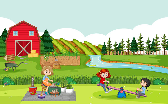 生活快乐的家庭在农场里 红色的谷仓在田野里温暖水农场
