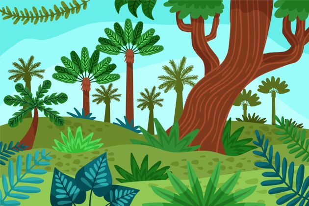 卡通丛林卡通丛林背景与美丽的高大树木背景自然卡通设计