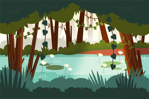 河流有机平丛林背景与睡莲多彩有机平面平面丛林