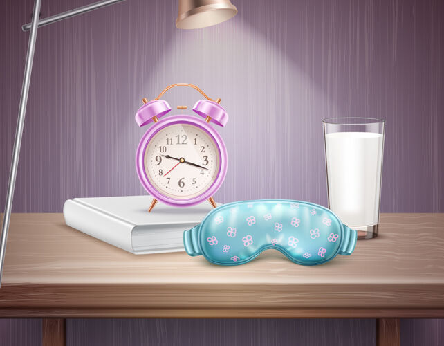 构图床头柜上的睡衣配件闹钟本和一杯牛奶的写实构图写实睡眠闹钟