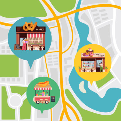 地图小企业插图与城市地图和位置符号单位小商业平面