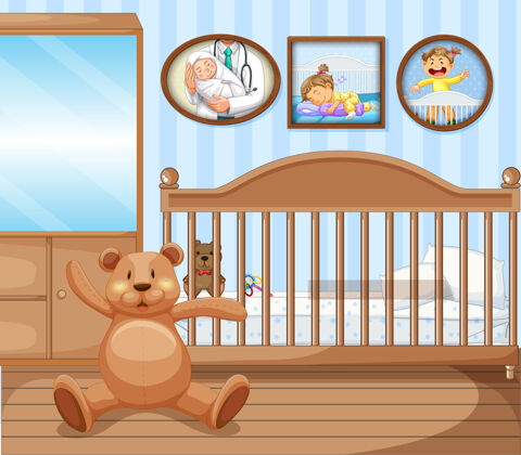 Eps10婴儿床卧室内部姿势卡通剪贴画