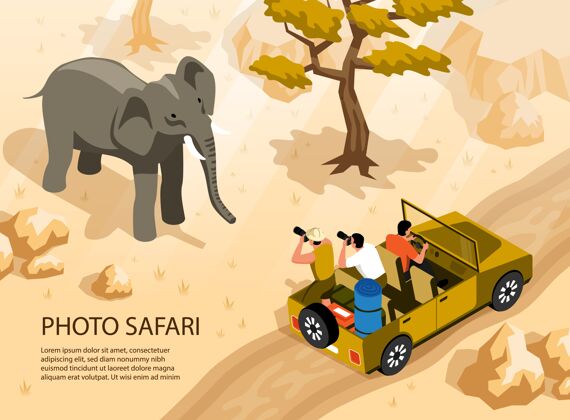 三维人们在狩猎车拍摄大象三维等距照片狩猎人等距