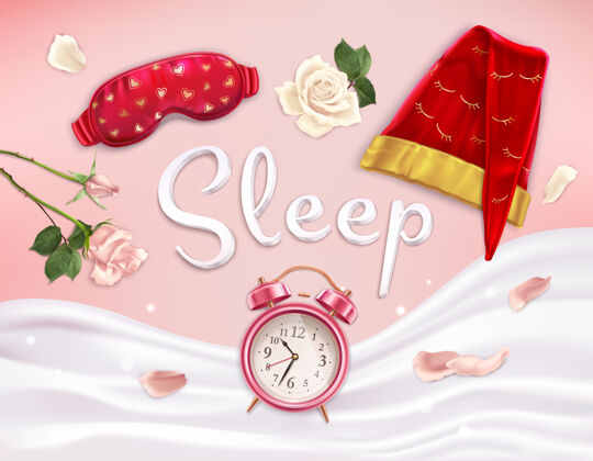 柔软睡眠配件组成的现实形象与软亚麻花卉和可编辑的文字闹钟构图亚麻布闹钟