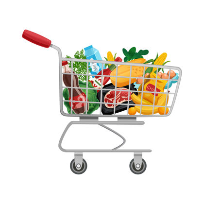包装购物袋篮与超市手推车产品的孤立形象组成水果环保取出