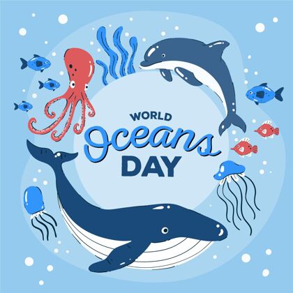 全球手绘世界海洋日插图手绘生态海洋