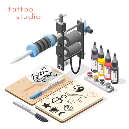 工作室纹身工作室配件工具供应等轴测与墨水设计素描线纹着色机插图组成素描工具设计