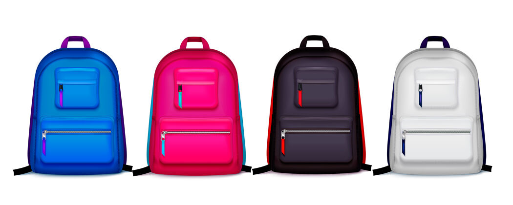 形象设置四个孤立的现实学校背包不同的颜色与阴影上的空白插图阴影设置学校