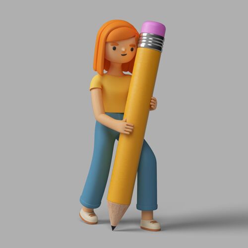 人物拿着铅笔的3d女性角色三维三维模型姿势