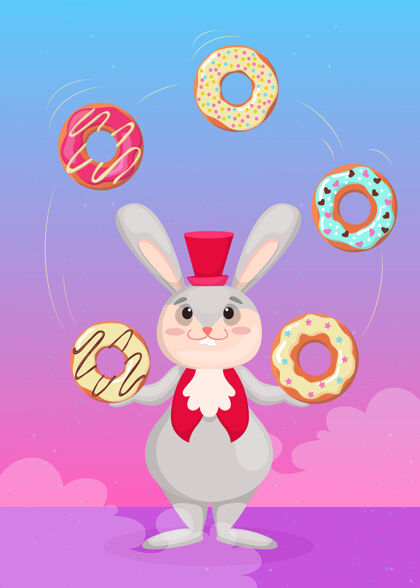 午餐可爱的兔子在红顶帽子杂耍彩色甜甜圈插图美味甜甜圈巧克力