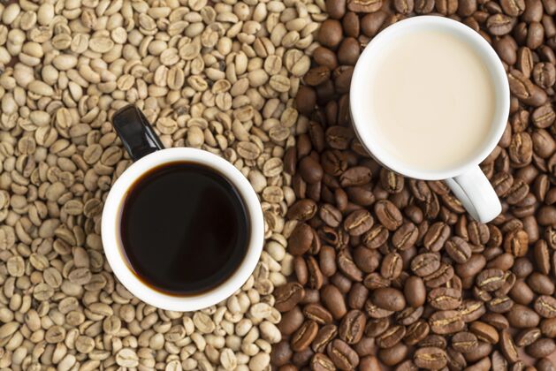 咖啡一杯咖啡和咖啡豆马克杯咖啡豆平面