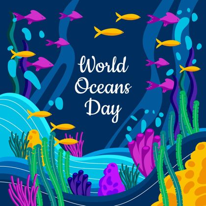 全球有机平面世界海洋日插画海洋平面设计庆典