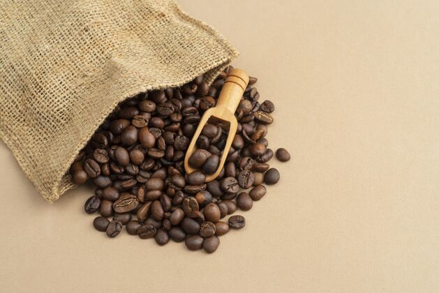 咖啡咖啡豆布袋俯视图复印空间勺子