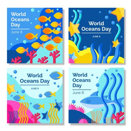 网络模板平面世界海洋日instagram帖子集海洋国际包装