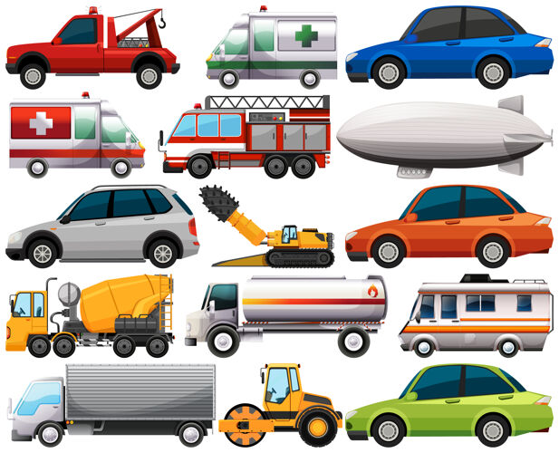 卡通一套不同种类的汽车和卡车隔离在白色背景上圆形货车收集