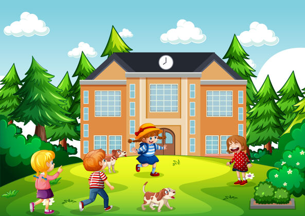 动物许多孩子在校舍前玩耍的户外场景操场树游戏