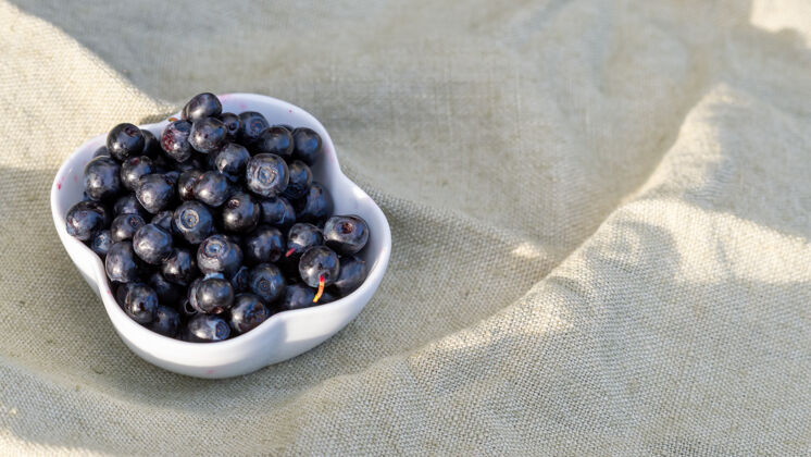 甜点在户外的一块布上 在一个白色的碗里拍摄新鲜蓝莓的高角度镜头浆果有机蓝莓