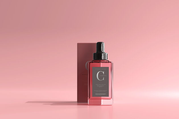 透明方形香水瓶和盒子模型粉色玻璃品牌