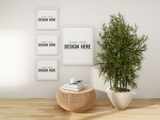 家具海报框架模型在墙上与植物墙三维墙室内
