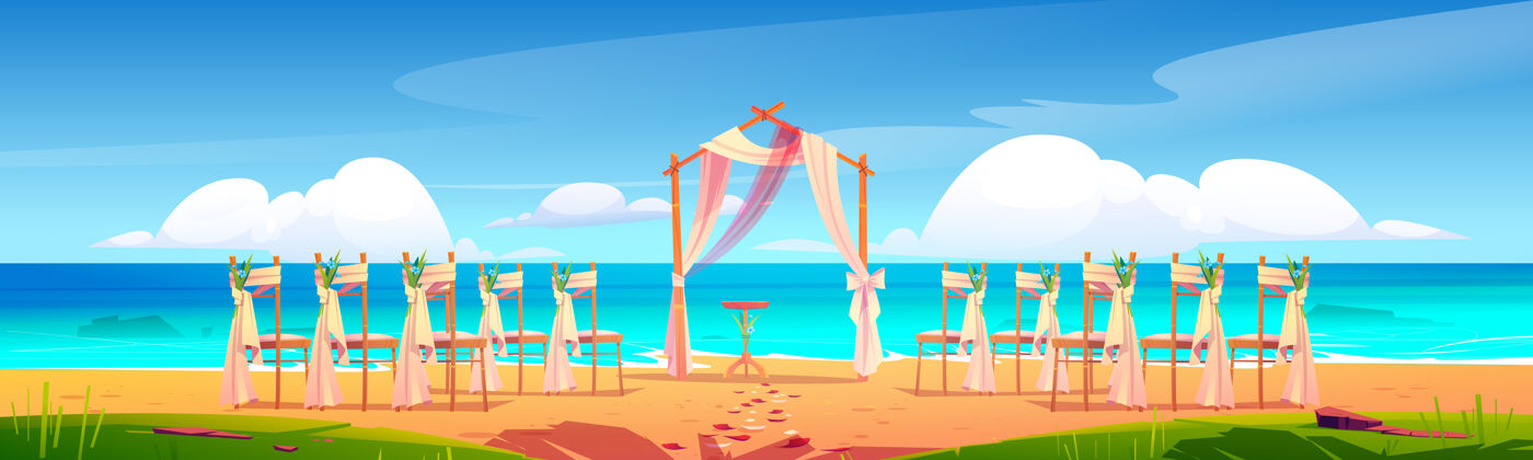 风景海滩上的婚礼拱门和装饰海边卡通插画事件景观草地