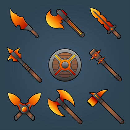 战争卡通武器剪贴画集五颜六色的剑 刀 剑 盾制成的火游戏伤害火焰套装