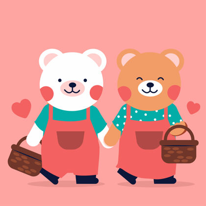快乐一对浪漫的小熊夫妇手拿水桶散步情侣人物微笑
