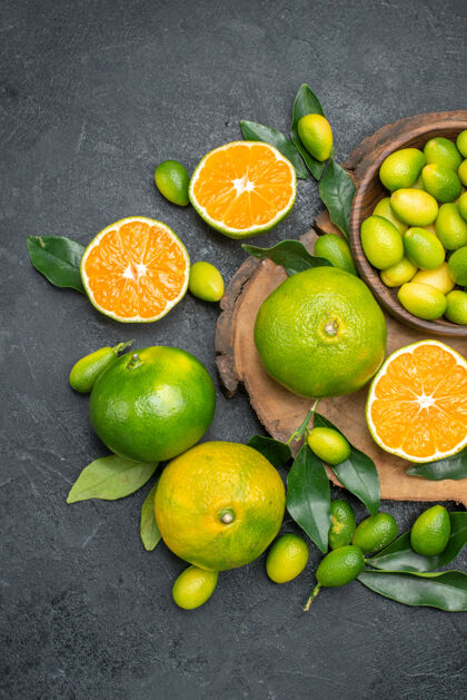 柑橘顶视图水果柑橘柑橘与树叶上的董事会饮食叶板