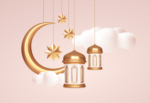 开斋节穆巴拉克三维现实的阿拉伯-伊斯兰节日的象征展示穆巴拉克黄金