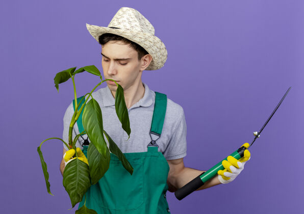 手套自信的年轻男性园丁戴着园艺帽和手套 拿着剪刀 看着植物穿举行复制