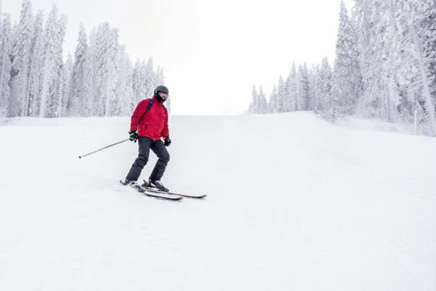 动作年轻的滑雪者在一个美丽的冬季风景的高山滑雪胜地运动寒冷雪孩子