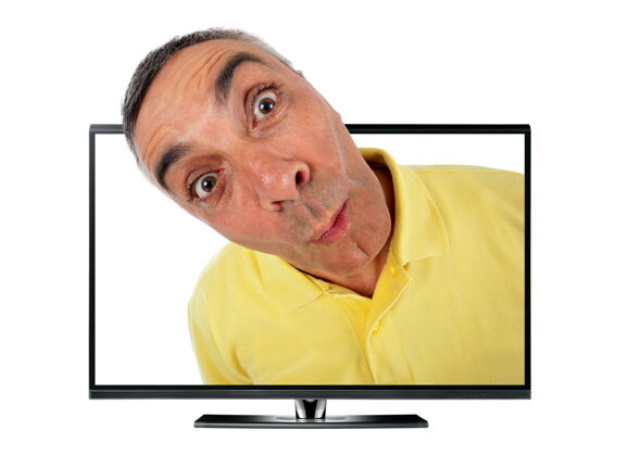 疯狂惊讶的人在电视和惊喜的表情白墙上搞笑Lcd技术