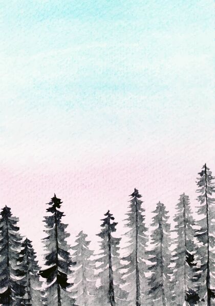 松树风景松林与棉花糖天空水彩背景绘画水彩自然