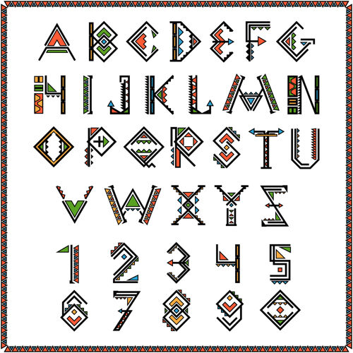 美国人美洲印第安人的印地安字体或带数字的墨西哥字母表印第安人Abcd艺术家