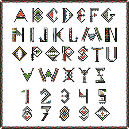 美国人美洲印第安人的印地安字体或带数字的墨西哥字母表印第安人Abcd艺术家