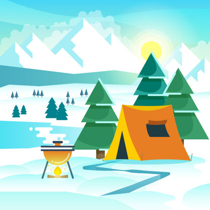 寒冷带帐篷和篝火的冬季徒步旅行矢量背景冬季徒步旅行 旅行徒步探险 旅游徒步旅行户外插图山树露营