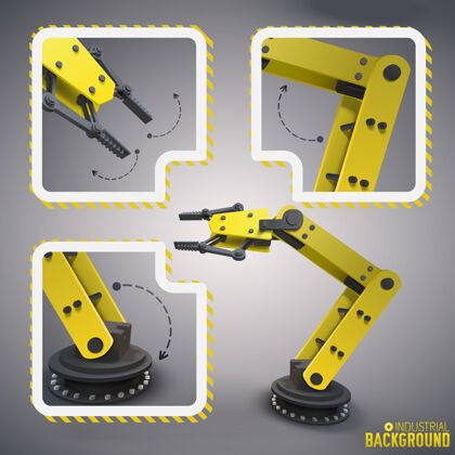 机械黄色机器人手臂的概念与三个孤立的机器人在图标集周围的完整版本的机器相结合的部分手臂发动机技术