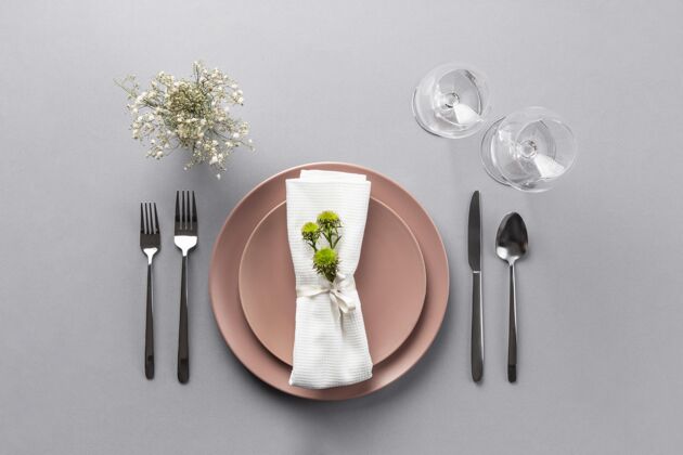 连衣裙餐桌礼仪元素与植物俯视图分类平面图