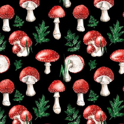 面料手绘水彩红蘑菇图案手绘壁纸设计
